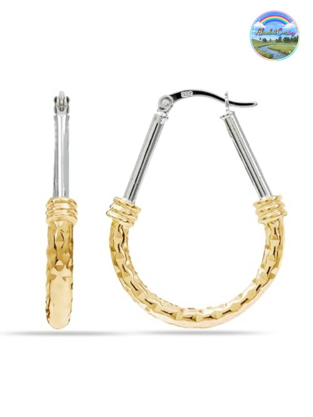 925 Sterling Silver Oval Hoop Earrings Diamond-Cut Textured Large